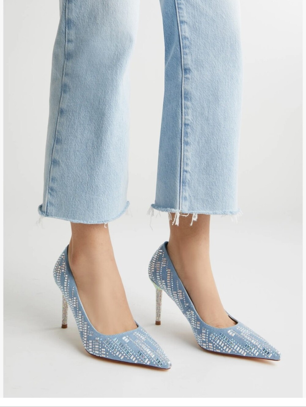 Embellished Pointed-Toe Heels in Light Blue
